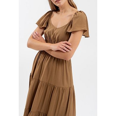 August Sky Women's Flutter Sleeves Elasticized Waist Tiered Midi Dress