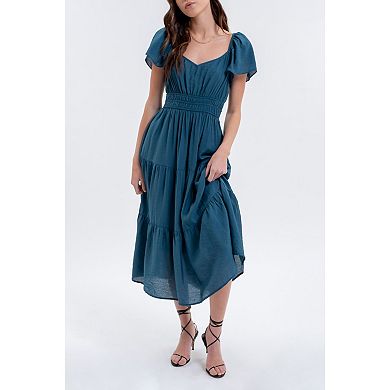 August Sky Women's Flutter Sleeves Elasticized Waist Tiered Midi Dress