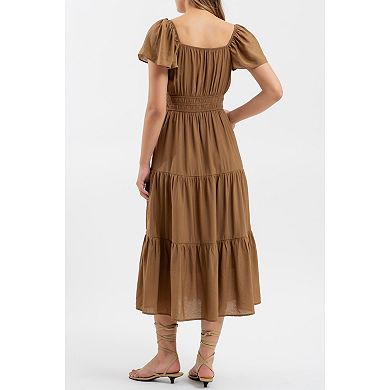 August Sky Women's Flutter Sleeves Elasticized Waist Tiered Midi Dress