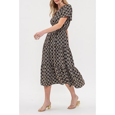 August Sky Women's Round Split Neckline Printed Tiered Midi Dress