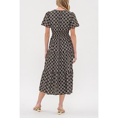 August Sky Women's Round Split Neckline Printed Tiered Midi Dress