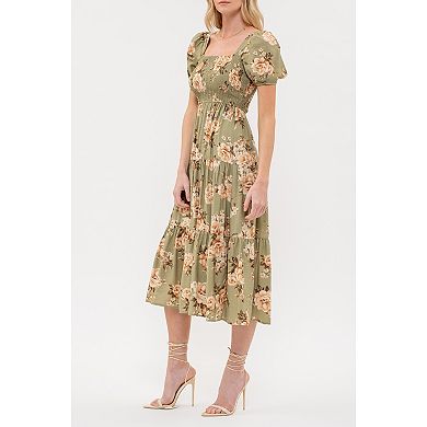 August Sky Women's Smocked Floral Puff Sleeves Midi Dress