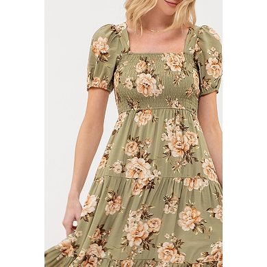 August Sky Women's Smocked Floral Puff Sleeves Midi Dress