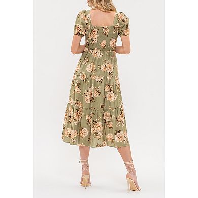 August Sky Women's Smocked Floral Puff Sleeves Midi Dress