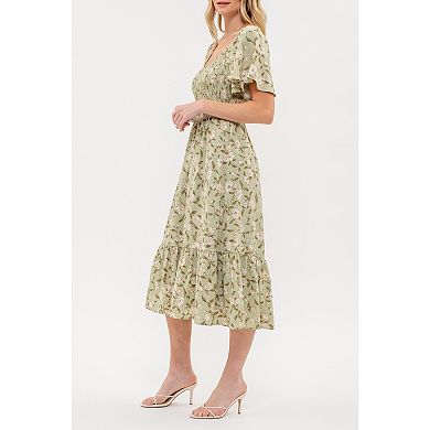 August Sky Women's Short Flounce Sleeves Floral Smocked Midi Dress