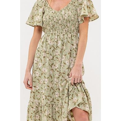 August Sky Women's Short Flounce Sleeves Floral Smocked Midi Dress