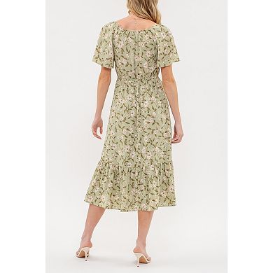 August Sky Women's Short Flounce Sleeves Floral Smocked Midi Dress