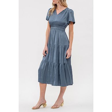 August Sky Women's Split Neckline Solid Tiered Midi Dress