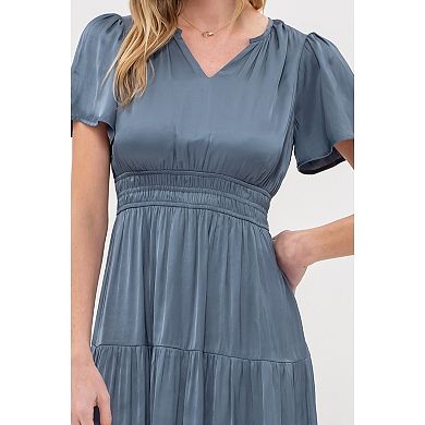 August Sky Women's Split Neckline Solid Tiered Midi Dress