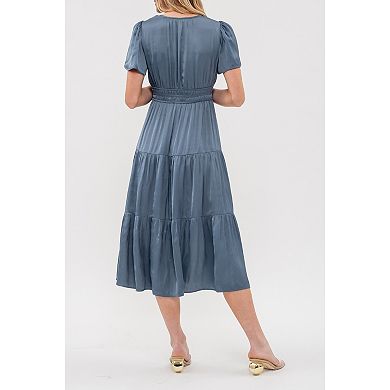 August Sky Women's Split Neckline Solid Tiered Midi Dress