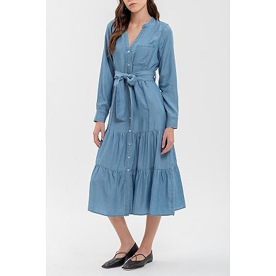 August Sky Women's Split Neck Front Button Up Tiered Midi Dress