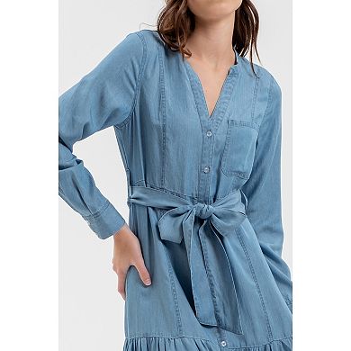 August Sky Women's Split Neck Front Button Up Tiered Midi Dress