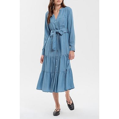 August Sky Women's Split Neck Front Button Up Tiered Midi Dress