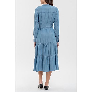 August Sky Women's Split Neck Front Button Up Tiered Midi Dress