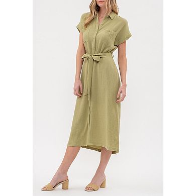 August Sky Women's Solid Point Collar Button Up Shirt Midi Dress