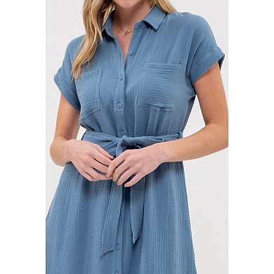 August Sky Women's Solid Point Collar Button Up Shirt Midi Dress