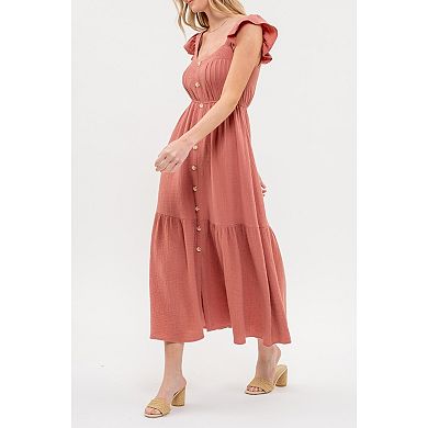 August Sky Women's Faux Button Flutter Sleeves Midi Dress