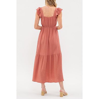 August Sky Women's Faux Button Flutter Sleeves Midi Dress