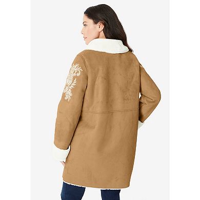 Roaman's Women's Plus Size Embroidered Faux Shearling Coat.