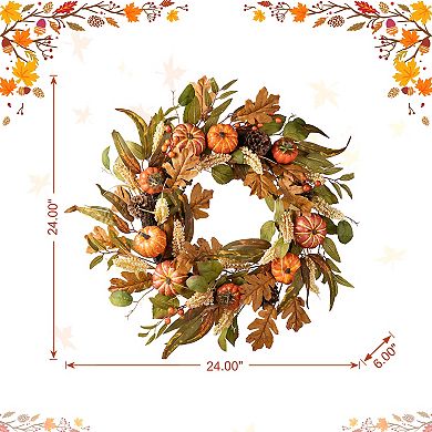 Glitzhome 24''d Fall Artificial Pumpkin Leaf Floral Wreath Decor For Autumn Thanksgiving Decoration