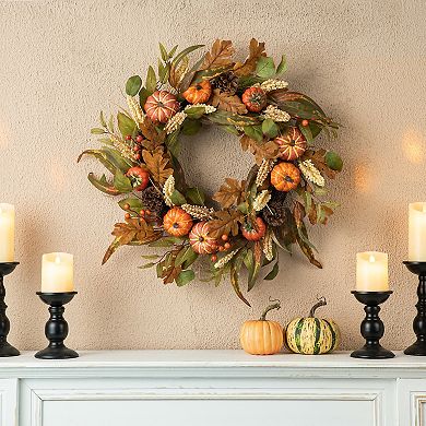 Glitzhome 24''d Fall Artificial Pumpkin Leaf Floral Wreath Decor For Autumn Thanksgiving Decoration