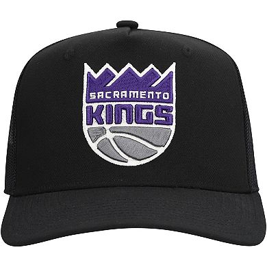 Men's Mitchell & Ness Black Sacramento Kings Monogram Allover Logo Mesh Trucker Adjustable Hat