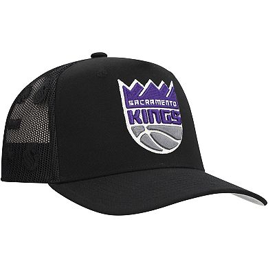 Men's Mitchell & Ness Black Sacramento Kings Monogram Allover Logo Mesh Trucker Adjustable Hat