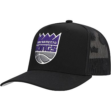 Men's Mitchell & Ness Black Sacramento Kings Monogram Allover Logo Mesh Trucker Adjustable Hat