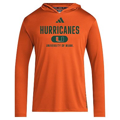 Men's adidas Orange Miami Hurricanes 2024 Sideline Hooded Long Sleeve T-Shirt