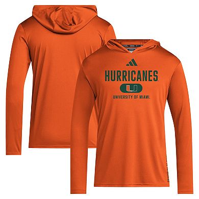 Men's adidas Orange Miami Hurricanes 2024 Sideline Hooded Long Sleeve T-Shirt