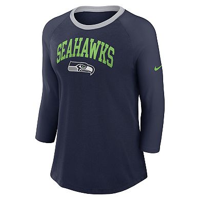 Women's Nike College Navy Seattle Seahawks Raglan 3/4 Sleeve T-Shirt