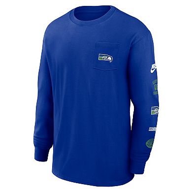 Men's Nike Royal Seattle Seahawks Rewind Heavy Max 90 Pocket Long Sleeve T-Shirt