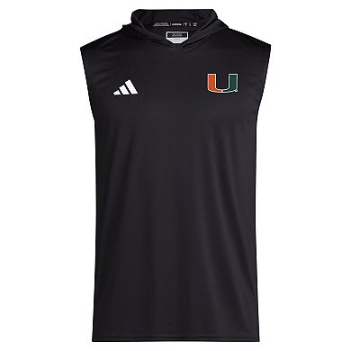 Men's adidas Black Miami Hurricanes 2024 Sideline Hoodie Sleeveless Shirt