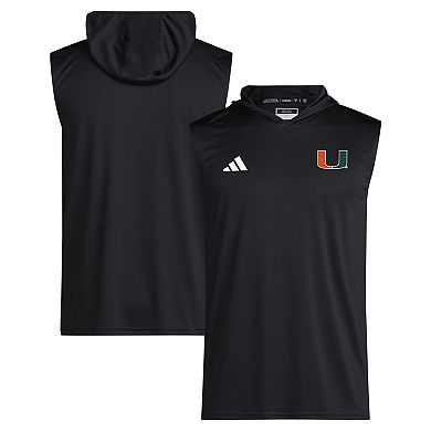 Men's adidas Black Miami Hurricanes 2024 Sideline Hoodie Sleeveless Shirt