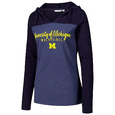 Women's Heather Navy Michigan Wolverines Knockout Color Block Hoodie V-Neck Long Sleeve T-Shirt