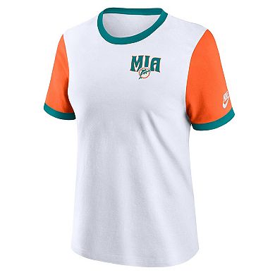 Women's Nike White/Orange Miami Dolphins Rewind Ringer T-Shirt