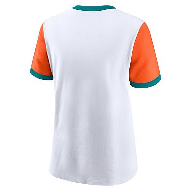 Women's Nike White/Orange Miami Dolphins Rewind Ringer T-Shirt