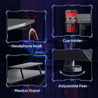 Motpk Carbon Fiber Computer Gaming Desk With Raised Monitor Shelf