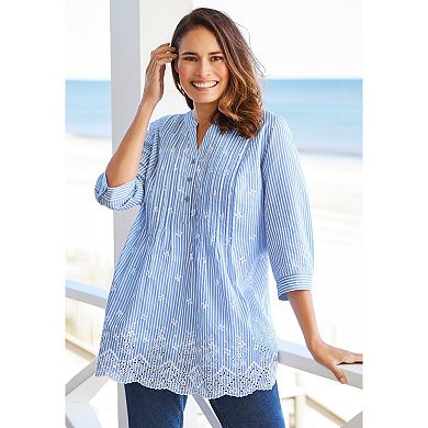 Woman Within Women's Plus Size Embroidered Pintuck Tunic