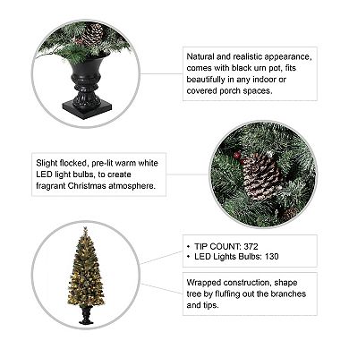 Glitzhome 5ft Pre-lit Flocked Pine Artificial Christmas Porch Tree With Warm White Lights