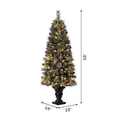 Glitzhome 5ft Pre-lit Flocked Pine Artificial Christmas Porch Tree With Warm White Lights