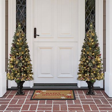 Glitzhome 5ft Pre-lit Flocked Pine Artificial Christmas Porch Tree With Warm White Lights