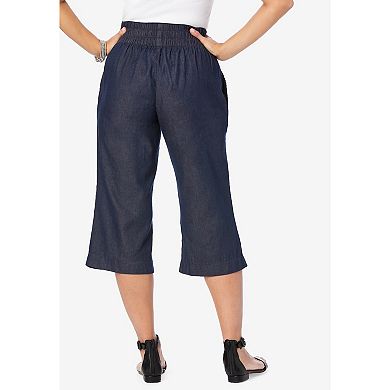 Jessica London Women's Plus Size Wide-leg Crop Chambray Pants