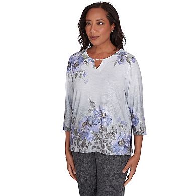 Women's Alfred Dunner Beaded Split Neck Floral Shimmer Top