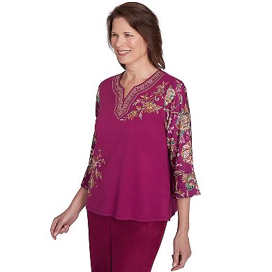 Women's Alfred Dunner Embroidered Floral Split Neck Top