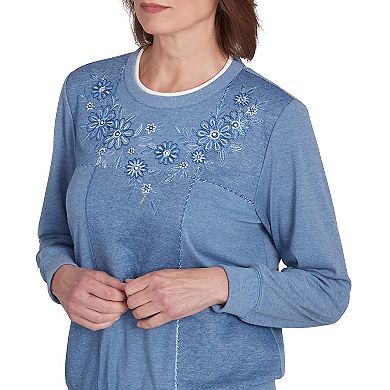 Women's Alfred Dunner Embroidered Boxes Cozy Crewneck Top