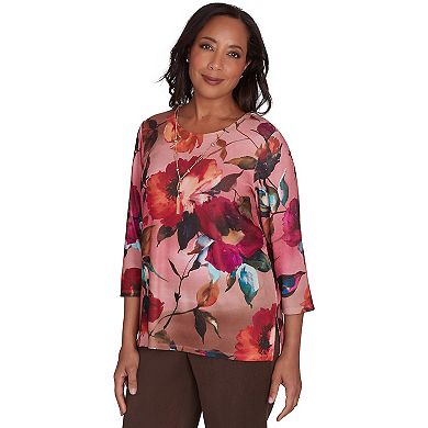 Petite Alfred Dunner Dramatic Floral Crewneck Top with Detachable Necklace