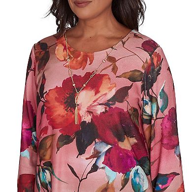 Petite Alfred Dunner Dramatic Floral Crewneck Top with Detachable Necklace