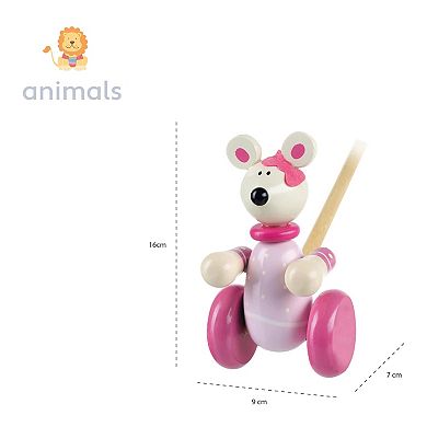 Orange Tree Toys Push Along Pink Mouse Colorful Wheeled Character with Handle Wooden Toy