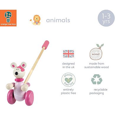 Orange Tree Toys Push Along Pink Mouse Colorful Wheeled Character with Handle Wooden Toy